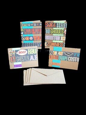 4 Halloween Handmade Note Cards 4x5.5 Kraft Spooky Word Stripes